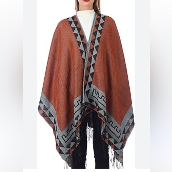 Moss Rose Sweaters - Moss Rose Southwest Aztec Blanket Wrap Shawl Poncho Burnt Orange Gray OS NWT